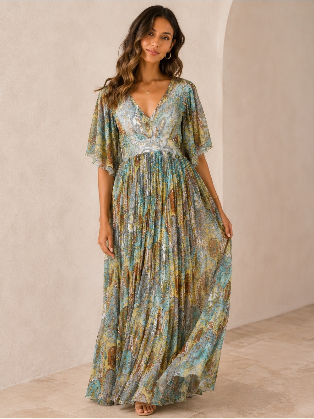 Ritu Kumar Paisley Maxi Dress Boho Flutter Sleeve Open Back Ethereal Romantic